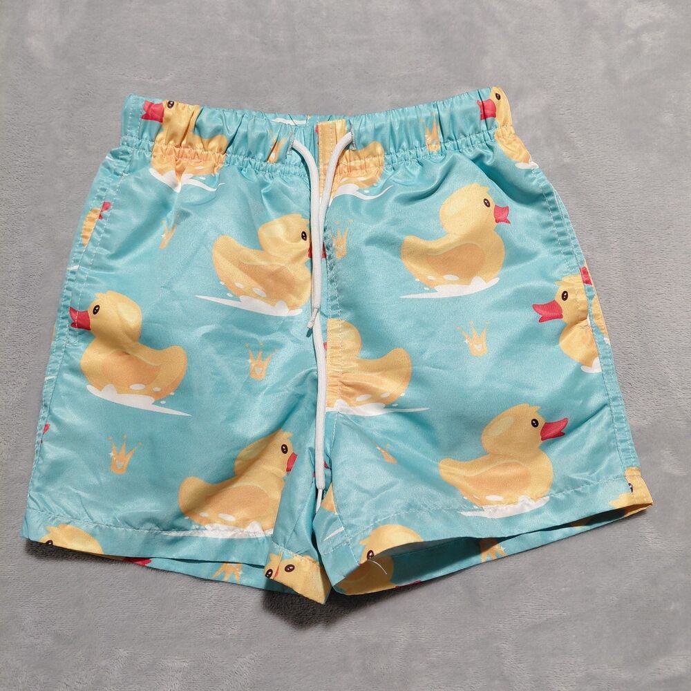 NwoT Boys 4T Rubber Duck Swim Trunks Blue Elastic Waist Drawstring Mesh Lined